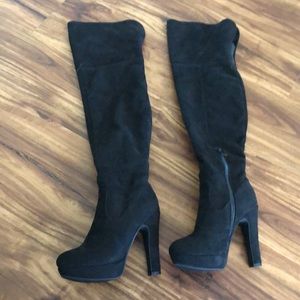 Black, high heel boots, velvet. Thigh high